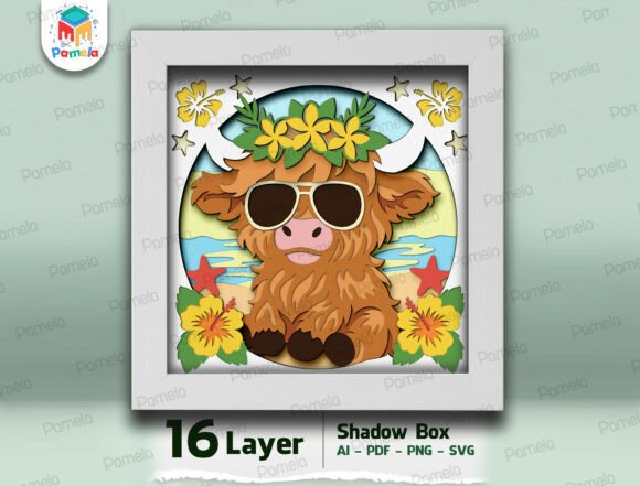 Highland Cow Summer Shadow Box SVG